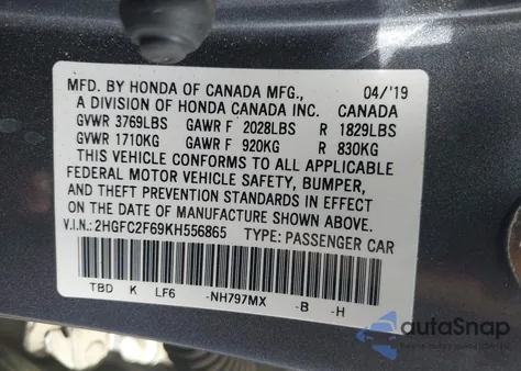 2019 Honda Civic Lx z USA, uszkodzony, nr VIN 2HGFC2F69KH556865